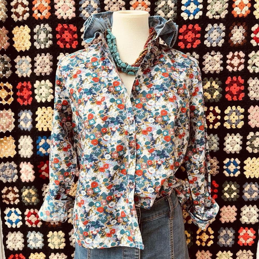 Upcycled Cottagecore Lands End Granny Floral w/ Denim Ruffle Collar Shirt L